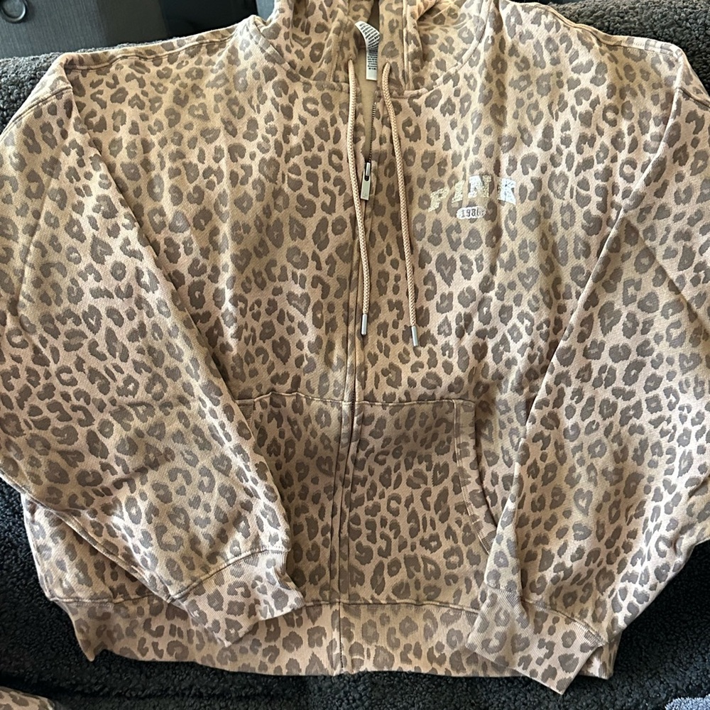 PINK Victoria's Secret Leopard zip up  Print Hoodie - Tan & Brown size xl